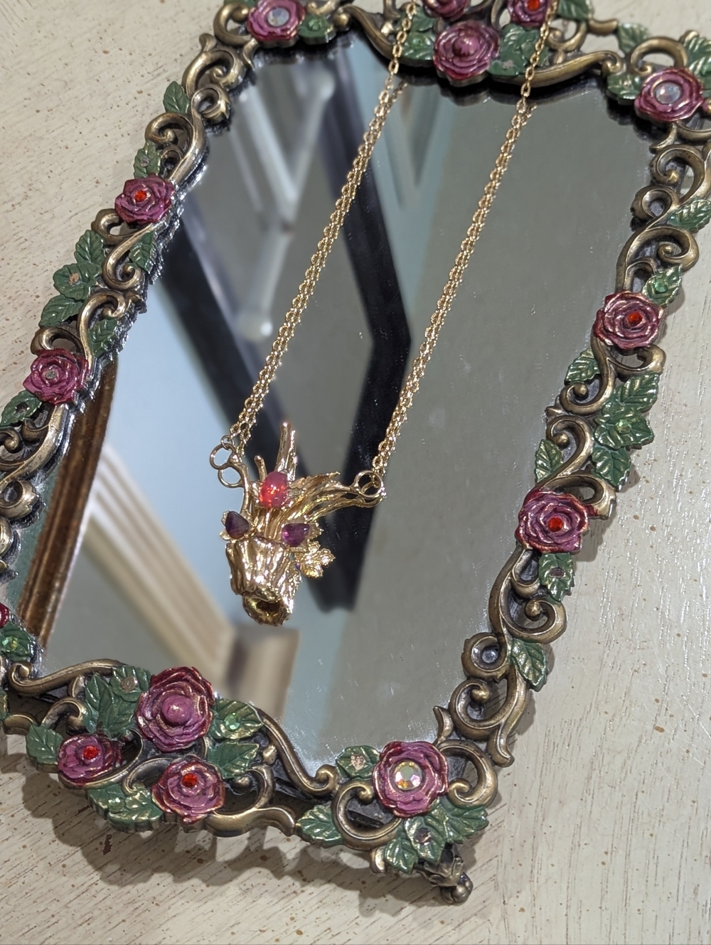 Vintage Gold-tone Flower Pot Pendant Necklace with Pink & Purple Stones